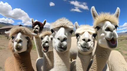 A group of alpacas looking at the camera - obrazy, fototapety, plakaty