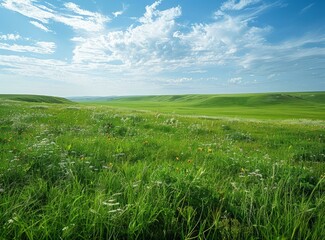 Fototapeta premium Green Grassland Under Blue Sky With White Clouds