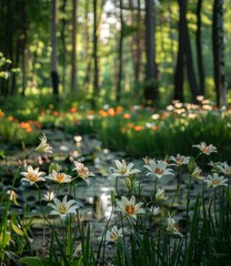 Obraz premium Serene Landscape White Flowers Blooming by Tranquil Pond in Lush Green Forest