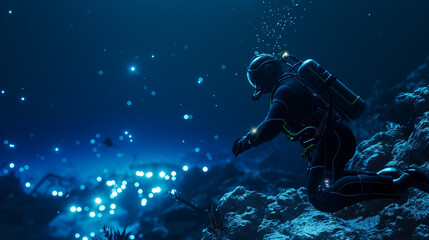 A scuba diver is swimming over a coral reef in the ocean.