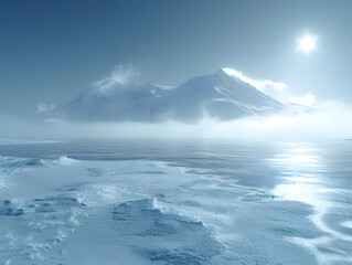 A snow-covered mountain peak looms in the distance, partially obscured by low-hanging clouds. The sky is a clear