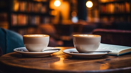 Obraz premium Two cups of coffee on a table in a cafe