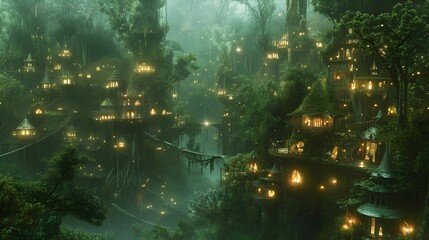 Fototapeta premium Mystical Elven Treetop City in Enchanted Rainforest Canopy