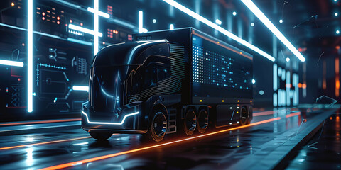 futuristic electric logistics company truck driving down the road.