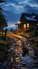 Wooden house in the mountains at night with beautiful sky