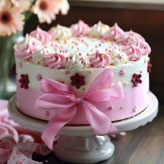 Pink and white frosted cake with pink ribbon
