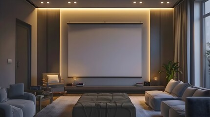 Sleek and Modern Living Room Design with Blank Display Screen and Ambient Lighting