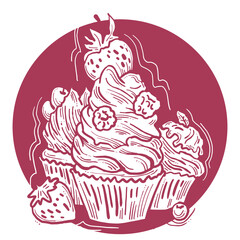 Sweet tasty dessert cupcake with cream and deco for morning breakfast in café or restaurant. Mini birthday cake for pleasure. Hand drawn colorful retro vintage illustration. Old style drawing.