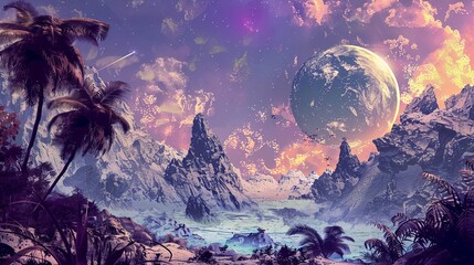 alien planet landscape featuring a large ball and a tree in the foreground, with mountains in the b