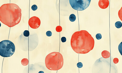 Watercolor seamless pattern with red and blue circles on white background.