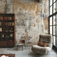 Modern interior design living room with concrete wall and vintage furniture