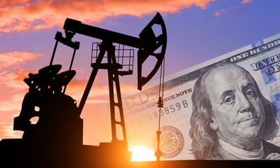 Oil rig and dollar banknote against sunset background. 3d illustration