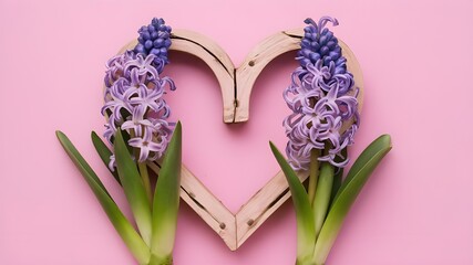 Hyacinth flowers in hole in heart shaped form over pink punchy pastel background. Top view, flat lay. Banner. Spring, summer or garden concept. Present for Woman day 