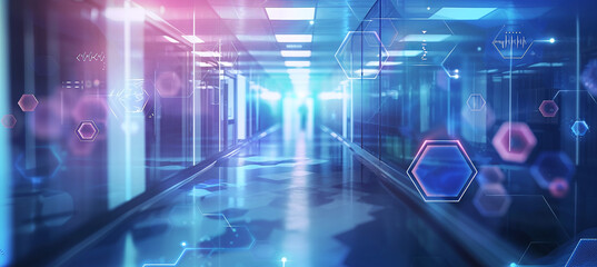 Abstract background with hexagonal shapes and technology icons on a blurred hospital corridor