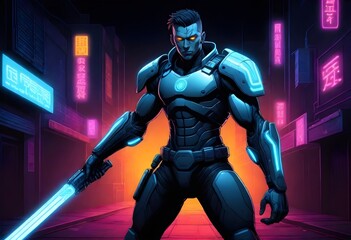 Fototapeta na wymiar A Cyberpunk Warrior With A Mechanical Arm And Glow (9)