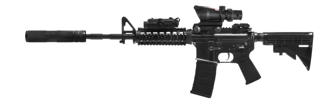 Weapons and military equipment for army, Assault rifle gun (M4A1) with attachment, Acog red dot sign isolated on white background