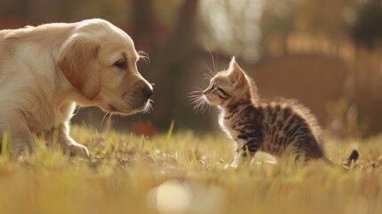 friendship dog and cat playing in bokeh meadow
