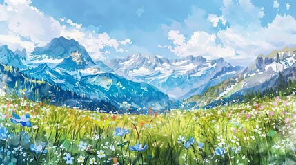 alpine meadow with blue flowers and mountains in the background - obrazy, fototapety, plakaty