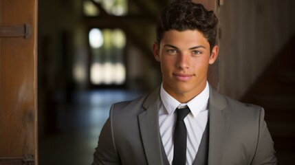 A young man in a suit standing in a doorway