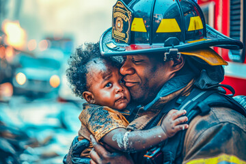 Close up scene of a black firefighter in uniform and a baby after a fighting with fire.Fireman hugs and holding a baby in his arms.
