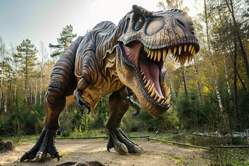 Fototapeta premium Generative ai on theme of big scary hungry dinosaur with kind eyes and sharp teeth destroying park