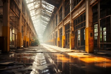 An abandoned factory building with broken windows and a large puddle of water on the floor