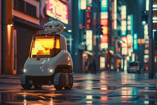 A small autonomous delivery robot drives down a city street. The technologies of the future are already here.