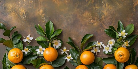 Fresh Oranges with Leaves and Flowers on a Dark Textured Background