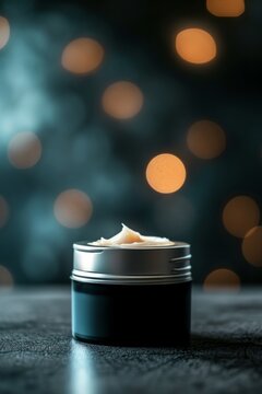 White face and body cream in a glass jar stands on a dark blurred background. Concept of skincare cosmetics for face and body, self-care