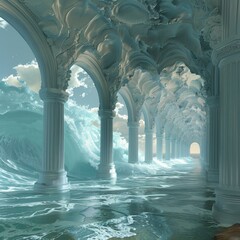 Surreal flooded hallway with ornate columns