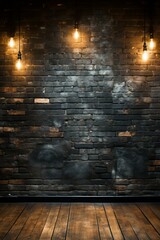 Grunge brick wall texture background with wooden floor