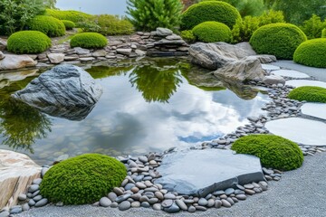 Japanese Zen garden with raked gravel and stone lantern - obrazy, fototapety, plakaty