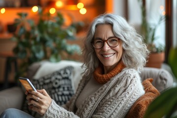 Smiling senior woman with grey hair and glasses using a smartphone