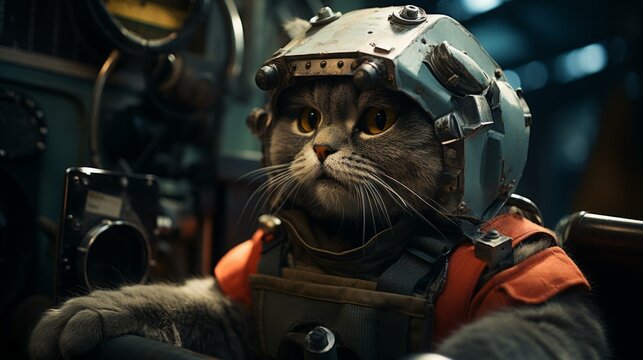 A cat wearing a space helmet is sitting in a spaceship.
