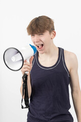 A teenage protester with a megaphone