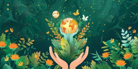 Hands Holding the Earth with Plants and Flowers