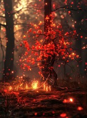 Fantasy red tree with glowing flowers and fireflies in the dark forest