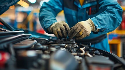 Car mechanic in blue uniform fixing a car engine