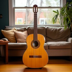 A classical guitar sits on a stand in front of a couch.