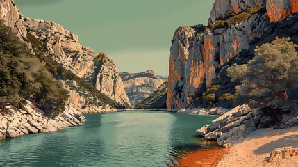 Gordijnen Olijfgroen vintage gorges landscape abstract art poster background  © jinzhen