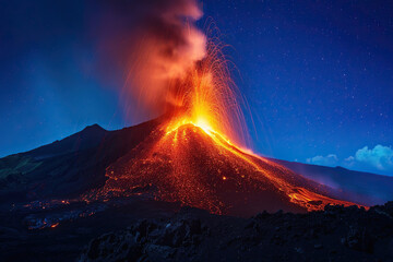 Fototapeta premium Generative ai on theme of erupting volcano with cascading hot lava surrounded thick white smoke