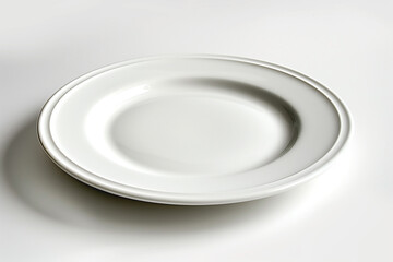 Minimalistic design of empty white plates on a white table. View from above. A set of clean dishes. An aesthetic combination of white porcelain plates.