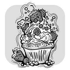 Sweet tasty dessert cupcake with cream and deco for morning breakfast in café or restaurant. Mini birthday cake for pleasure. Hand drawn colorful retro vintage illustration. Old style drawing.