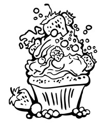 Sweet tasty dessert cupcake with cream and deco for morning breakfast in café or restaurant. Mini birthday cake for pleasure. Hand drawn colorful retro vintage illustration. Old style drawing.