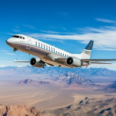 Obraz premium A sleek private jet flies over a mountainous desert landscape