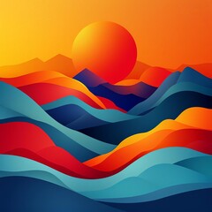 Create a 4k digital painting of a vibrant sunset over a mountain range. The colors should be bold and saturated, and the overall mood should be one of peace and tranquility. - obrazy, fototapety, plakaty