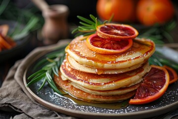 Pancakes with caramelised rosemary blood oranges