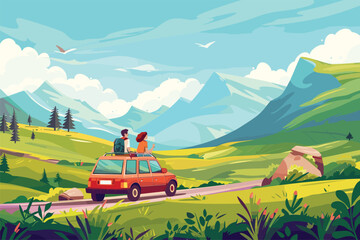 Summer landscape with highway with car, Family car trip in countryside, hills, mountains, holiday vacation, travel, Vector illustration