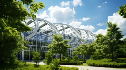 Fototapeta premium glass and steel modern office building with trees