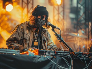 Male DJ wearing a mask and sunglasses while performing - obrazy, fototapety, plakaty